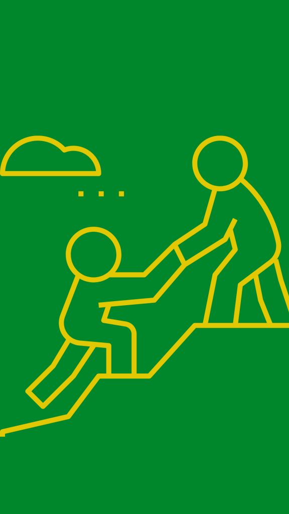 A green background allows you to see the gold / yellow outline of one person helping another person up. They seem to be on a mountain or hill of some kind with a single cloud in the left hand corner. This represents the benefits of having a mentor.